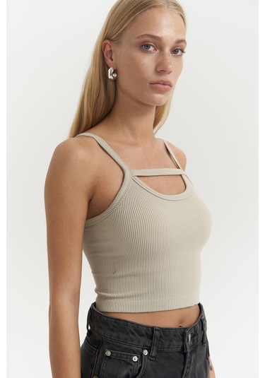 3396 - Noam Soft Haki Ön Detay Fitilli Crop Haki