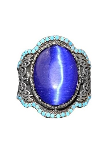 El Yapımı Mavi Kedi Gözü Yüzük Turkuaz Yapay Taş İle - 925 Ayar Gümüş Erkek Takısı Gümüş