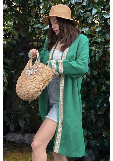 Kadın Yeşil Müslin Kumaş, Hasır Şerit Detaylı Salaş Kimono Ceket Yeşil