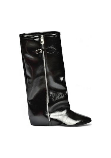 Fox Shoes V380526460 Siyah Rustik Düz Taban Fermuar Detaylı Kadın Çizme Siyah