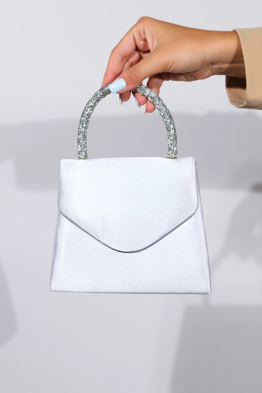 Monako Gümüş Saten Taşlı Kadın El Çantası Gümüş