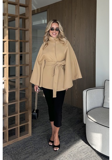 Camel Düğmeli Kuşaklı Kaşe Panço - 2055 Camel