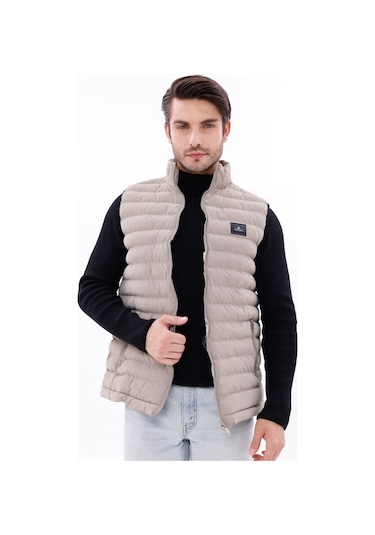 Erkek Nova Kumaş Şişme Yelek Hafif Dolgulu Fermuarlı Cepli Su İtici Rahat Kalıp Krem