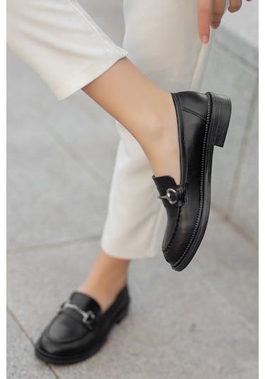 Garantili Horse Kadın Zincirli Loafer Günlük Ayakkabı Siyah