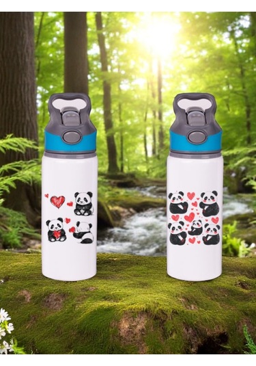 Kalpli Panda Baskılı 2'li Pipetli Matara Suluk 650 Ml Beyaz