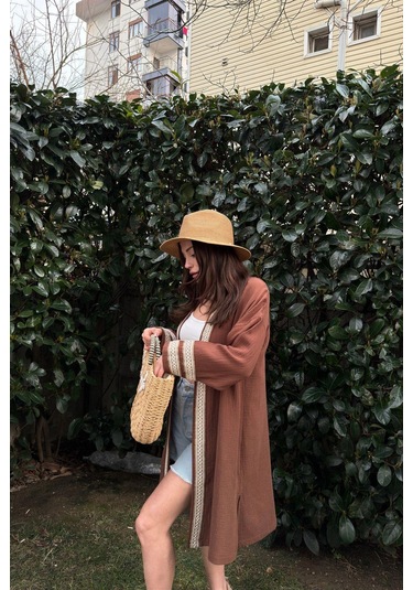 Kadın Kahve Müslin Kumaş, Hasır Şerit Detaylı Salaş Kimono Ceket Kahve