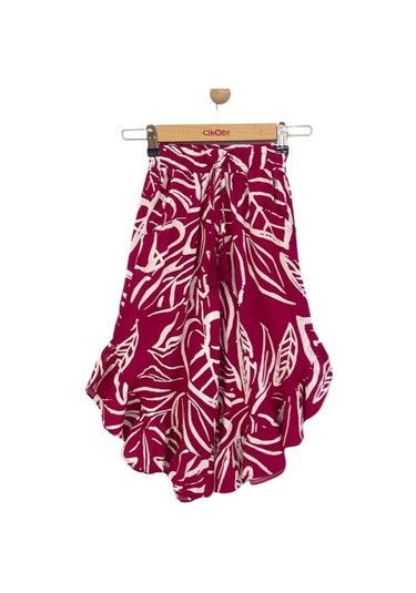 Kız Çocuk Beli Lastikli Desenli Pantolon Bluz Takım-13948 Fuşya