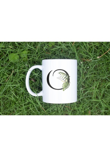 O Harf Zarif Yaprak Desenli Kupa Bardak - Naturel Sade Alfabe Harfli Bardak - Kişiye Özel Hediye Beyaz