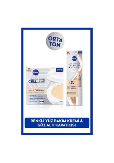 NIVEA Göz Bakım Kremi Orta Ton 15 ML + Cellular Expert Finish Cushion Renkli Yüz Bakım Kremi SPF15 02 Orta Ton