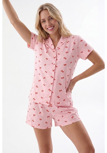 Nbb Kadın Somon Bow Önden Düğmeli Şortlu Pijama Takımı