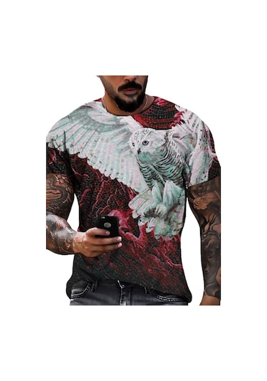 Şarap Kırmızısı Yeni Yaz Erkek Moda T-shirt Kişilik Uçan Kartallar Baskılı Erkek T-shirt Üst Kırmızı