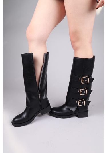 Balrog Gold Kemer Aksesuarlı Düz Çizme Siyah-8465 Siyah