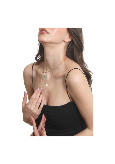 Labalaba Kadın Lak Altın Kaplama Sedef Kalp Charmlı Tel Choker, Tasma Kolye Altın