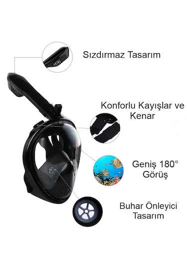 Yetişkin Tam Yüz Şnorkel Maskesi, 180 Görüş, Anti Sis