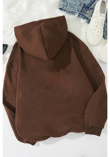 Minimal Line Drawing Baskılı Sweatshirt Kahverengi