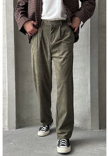 Erkek Pileli Baggy Kalıp Kadife Pantolon Haki