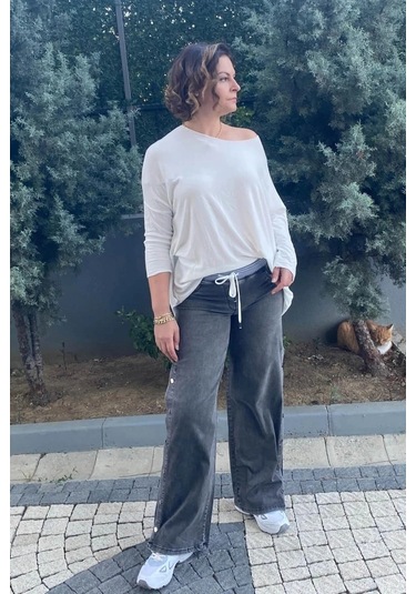 Büyük Beden Gri Yandan Çıtçıt Detaylı Kot Pantolon Gri