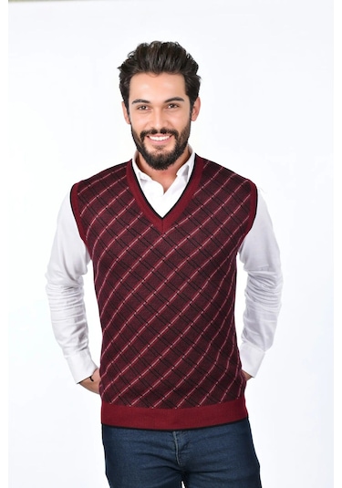 Kamalı Bordo Erkek Çelik Örgü Ekose Desenli Kalın Triko V Yaka Triko Örgü Tüylenmez Süveter Regular Bordo