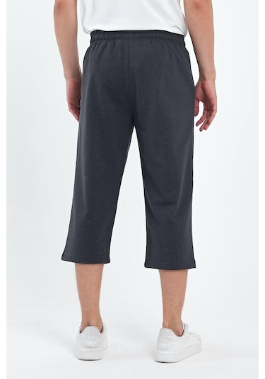 Erkek Yanları Cepli Siyah-Antrasit Bermuda Diz Altı Kapri Beli Ayarlanabilir Lastikli Uzun Şort Gri