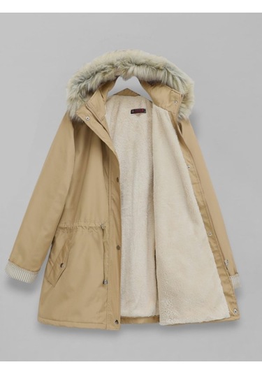 Kürklü Çıkma Kapşonlu İçi Peluşlu Mont -vizon Göründüğü Gibi