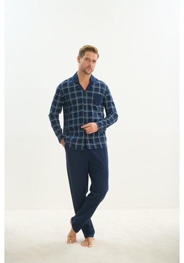 Erkek Uzun Kol Gömlek Yaka Önden Düğmeli Lacivert Pijama Takım C9t1n5o9 001