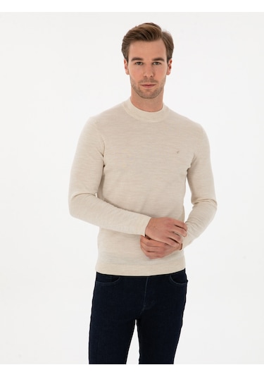 Cacharel Bej Slim Fit Yün Karışımlı Çeyrek Balıkçı Basic Triko Kazak