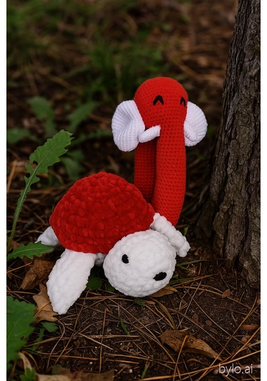 El Yapımı Kırmızı Çıngıraklı Set Fil Ve Kaplumbağa %100 Pamuk, Bebekler İçin Güvenli Beyaz - Kırmızı