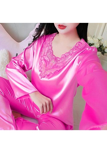 Kırmızı 2 Adet/takım Rahat Bahar Gecelik Seti V Yaka Uyku Dantel Artı Boyutu Kadın Gecelik Yatak Odası İçin Set Kırmızı