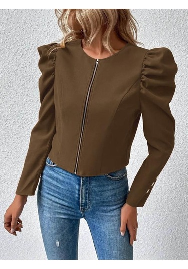 Kadın Uzun Kollu Önden Fermuarlı Balon Kol Süet Ceket Siyah