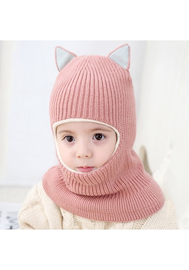 Hqgoodstore Sonbahar Ve Kış Yeni Moda Basit Saf Renk Çocuklar Sevimli Küçük Tilki Kulakları Artı Kadife Kalın Sıcak Örgü Yapışık Şapka Pembe Pembe Küçük Tilki Kulakları Pembe