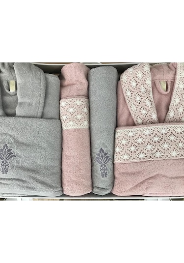 İpekçe Home Organzeli Aile Bornoz Seti Gri