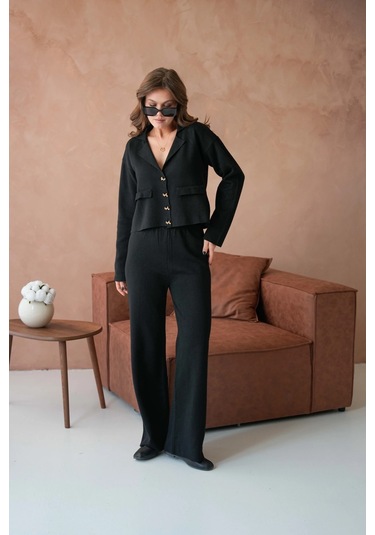 Kadın V Yaka Düğme Detay Ceket Pantolon İkili Triko Takım Siyah