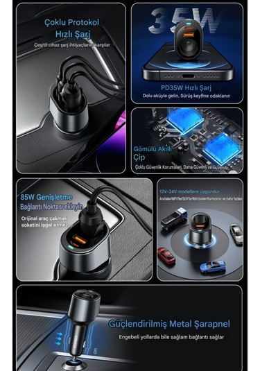 Essager 120w Araç Şarjı Genişletme Bağlantı Noktası Type-c+usb
