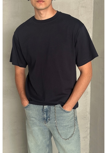 Hyman Erkek %100 Pamuk Oversize Basic T-shirt Lacivert