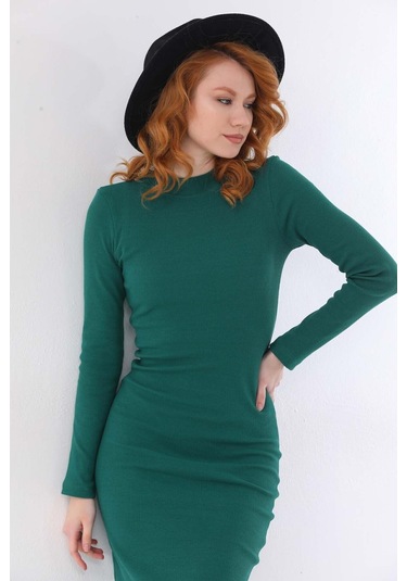 Kallima Yeşil Bodycon Dik Yaka Uzun Kollu Fitilli Elbise - 130 Cm Yeşil