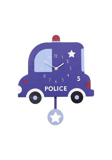 Polis Arabası Desenli Sallanan Duvar Saati - Çocuk Odası Dekoratif Zaman Gösterici Çok Renki Çok Renki