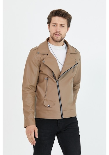 Erkek Vizyon Yeni Sezon Çapraz Fermuarlı Deri Ceket Mont-Vizon