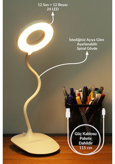 Şarjlı Masa Lambası Dokunmatik 3 Renk 24 Led Telefon Standlı Kademeli Çalışma Okuma Işığı