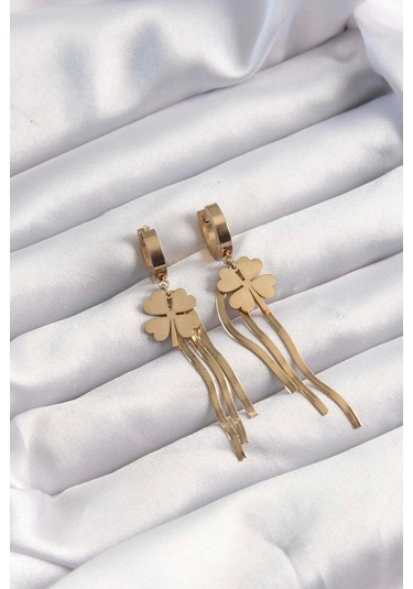 316l Çelik Altın Renk İtalyan Zincirli Yonca Model Halka Küpe