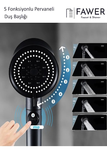 Siyah Turbo 5 Fonksiyonlu Pervaneli Mafsallı Duş Seti Duş Başlığı Siyah
