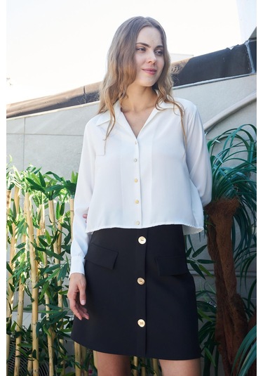 Kadın Likrasız Şık Kumaş Yakalı Uzun Kol Kısa Gömlek-krem Krem