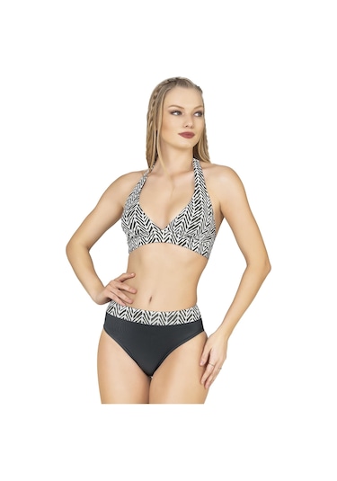 Endeep Kadın Zigzag Desenli Toparlayıcı Bikini Takımı Siyah-beyaz Siyah - Beyaz