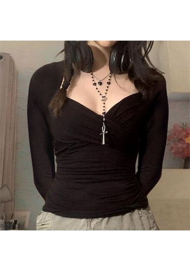 Düz Siyah Kalp Yaka Uzun Kollu Kadın Bluz-7441 Siyah