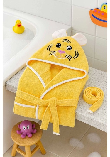 Kapşonlu Unisex %100 Pamuklu Çocuk Banyo Bornozu Tiger 11-12 Yaş