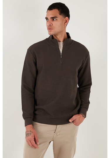 Buratti Pamuklu Regular Fit Yarım Fermuarlı Dik Yaka Erkek Sweat 5905716 Koyu Kahve