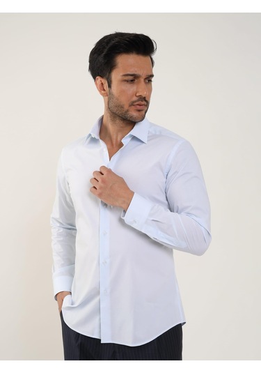 Açık Mavi Erkek Slim Fit Düz Klasik Yaka Uzun Kol Gömlek - 88354 Açik Mavi