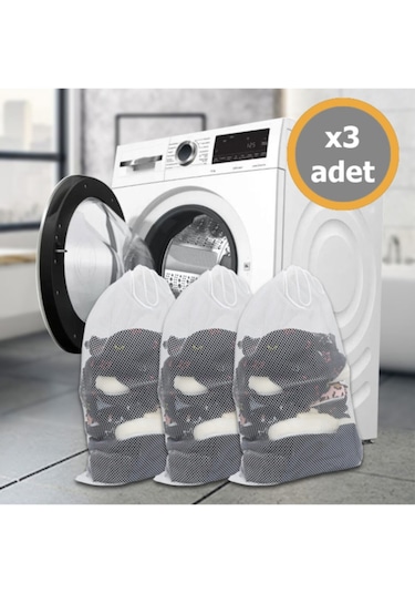 3 Adet Lüx Perde Ve Çamaşır Yıkama Filesi Ipli 60x80 Cm Battal Boy Beyaz