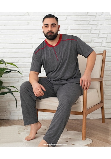 Lukitus Kısa Kol Pamuk Süprem Erkek Büyük Beden Pijama Takımı Füme