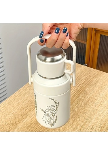 Maxaccess Mavi Çiçek Desenli 27.05 Oz Paslanmaz Çelik Seyahat Termosu Kapaklı Kulplu