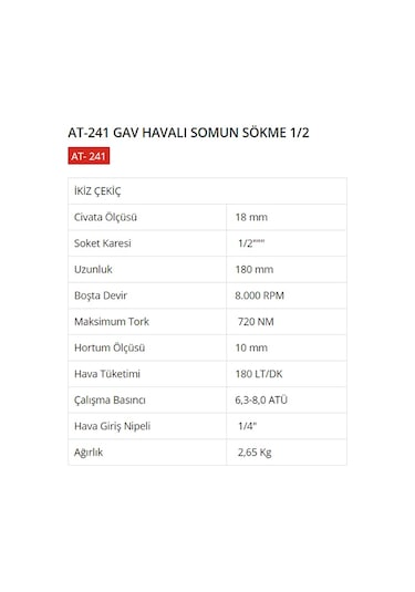 Gav At-241 1/2" Havalı Sömun Sökme Tabanca